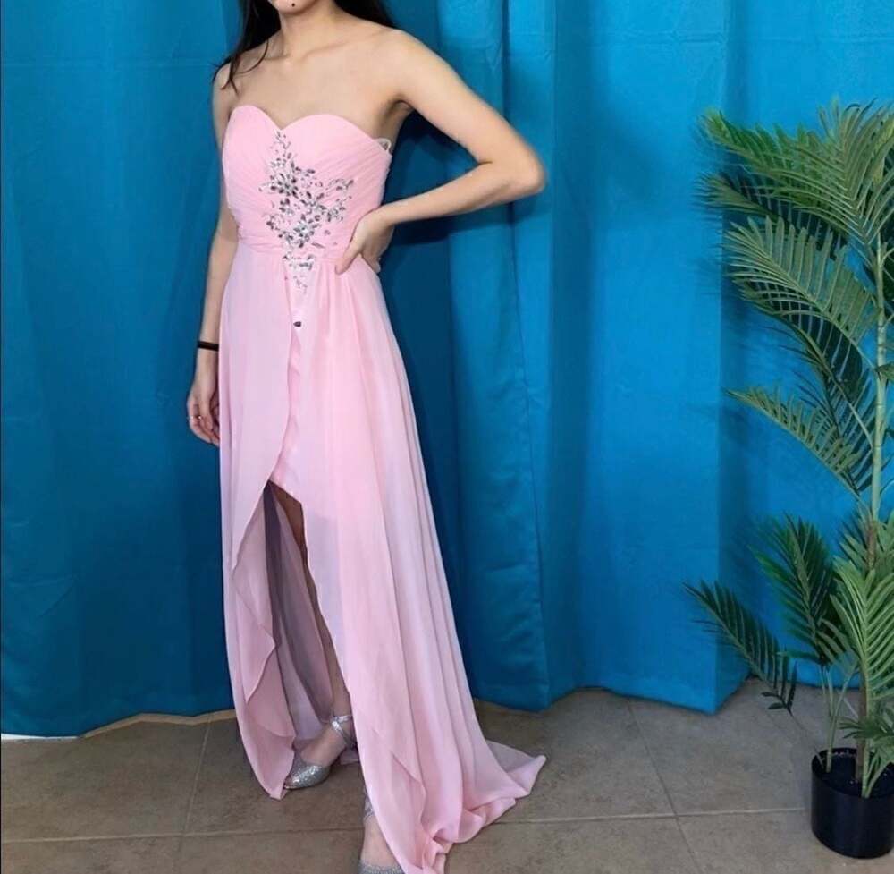 Oleg Cassini Pink Chiffon Strapless High Low Rhinestone Prom Gown